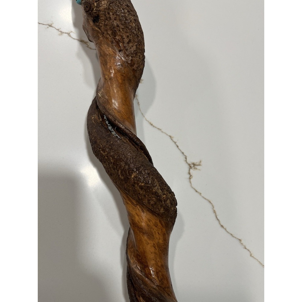 Hand Carved Wooden Walking Stick Spiral Cane with Turquoise Silver Inlay 51" - Picture 8 of 13